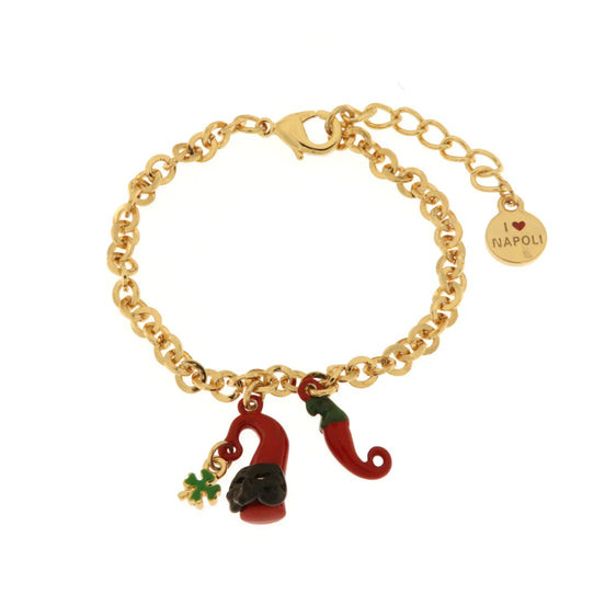 AMO NAPOLI - Bracciale in Metallo con cornetto portafortuna in smalto rosso e quadrifoglio