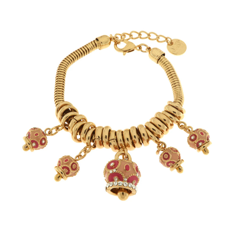 Amo Capri - Bracciale in Metallo con campanelle colorate in smalto rosa e cristalli bianchi