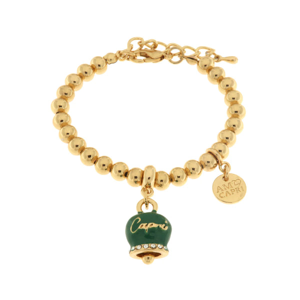 Amo Capri - Bracciale in Metallo con campanella scritta capri pendente impreziosita da cristalli e smalto verde