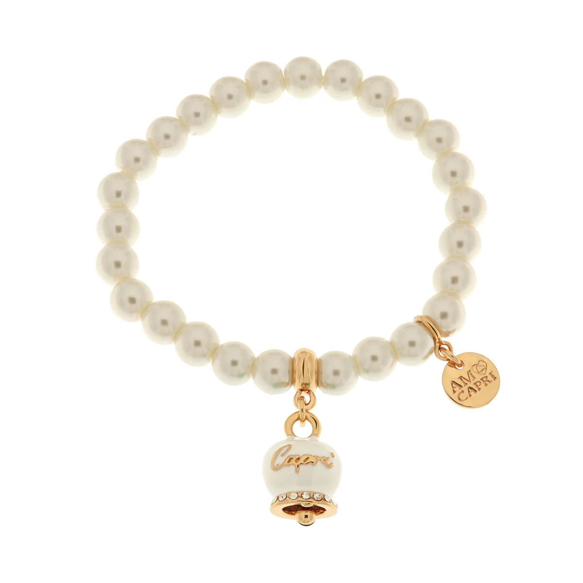 AMO CAPRI - Bracciale in Metallo Bracciale in Metallo con perle e campanella portafortuna in smalto bianco con scritta Capri