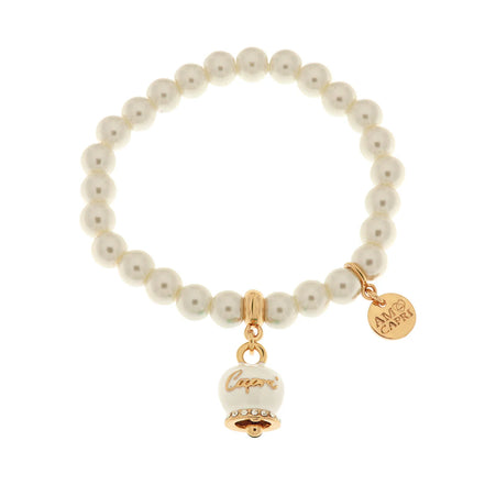 AMO CAPRI - Bracciale in Metallo Bracciale in Metallo con perle e campanella portafortuna in smalto bianco con scritta Capri
