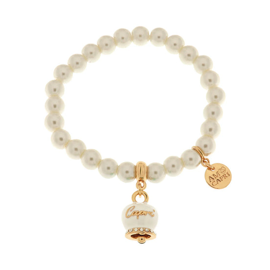 AMO CAPRI - Bracciale in Metallo Bracciale in Metallo con perle e campanella portafortuna in smalto bianco con scritta Capri
