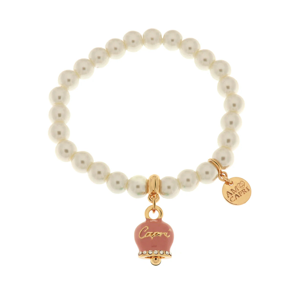 AMO CAPRI - Bracciale in Metallo Bracciale in Metallo con perle e campanella portafortuna in smalto rosa con scritta Capri