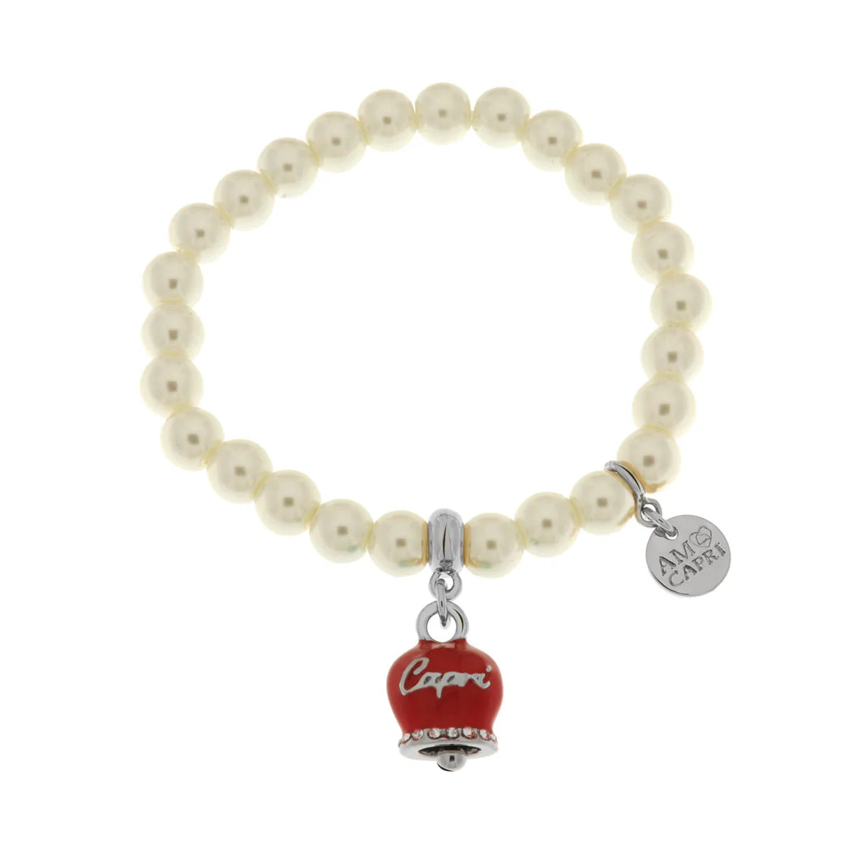 AMO CAPRI - Bracciale in Metallo Bracciale in Metallo con perle e campanella portafortuna in smalto rosso con scritta Capri