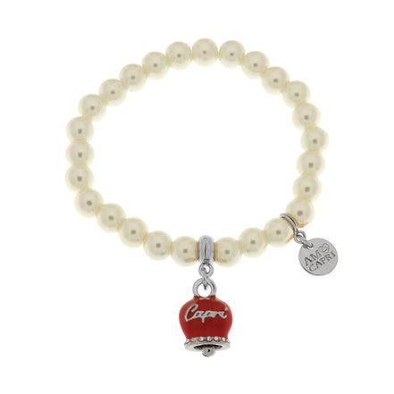 AMO CAPRI - Bracciale in Metallo Bracciale in Metallo con perle e campanella portafortuna in smalto rosso con scritta Capri