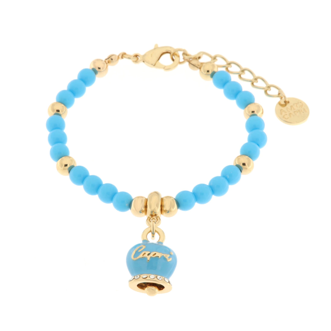 Amo Capri - Bracciale in Metallo con campanella smaltata turchese e perline