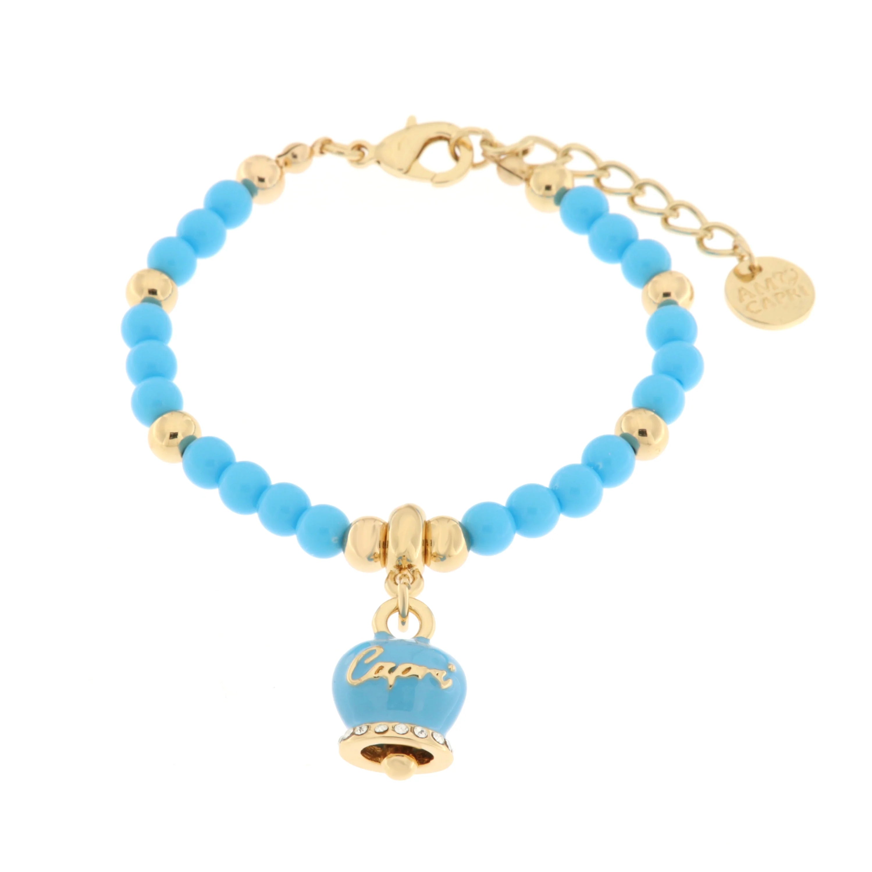 Amo Capri - Bracciale in Metallo con campanella smaltata turchese e perline
