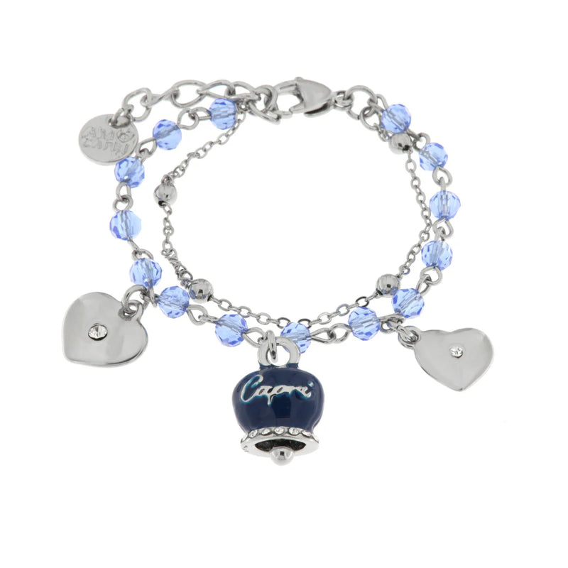 AMO CAPRI - Bracciale in Metallo con campana smaltata blu e cuoricini pendenti