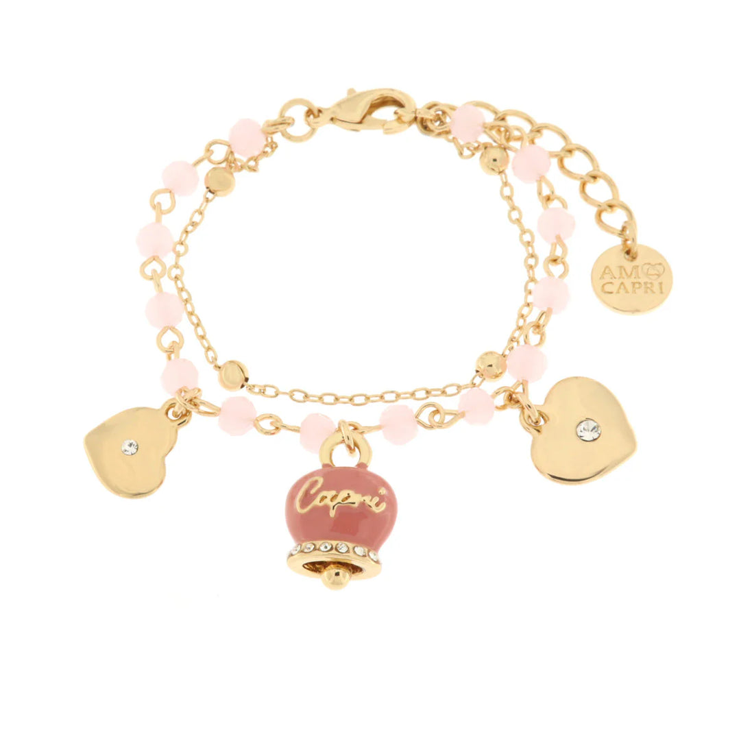 Amo Capri - Bracciale in Metallo con campana smaltata rosa e cuoricini pendenti
