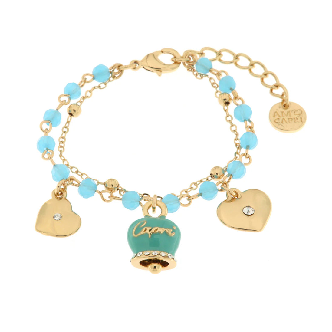 Bracciale in Metallo con campana smaltata azzurra e cuoricini pendent