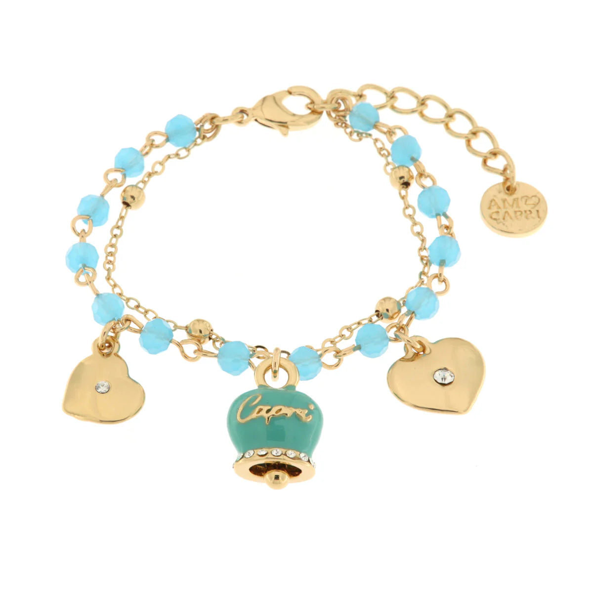 Bracciale in Metallo con campana smaltata azzurra e cuoricini pendent