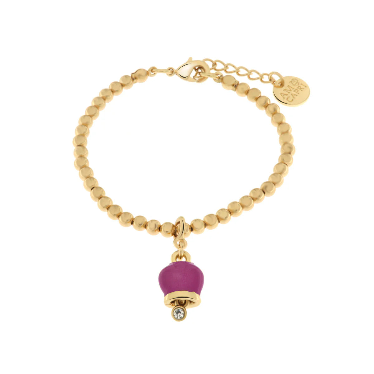Amo Capri - Bracciale in Metallo maglia a sfere con campanella portafortuna pendente impreziosita da cristalli
