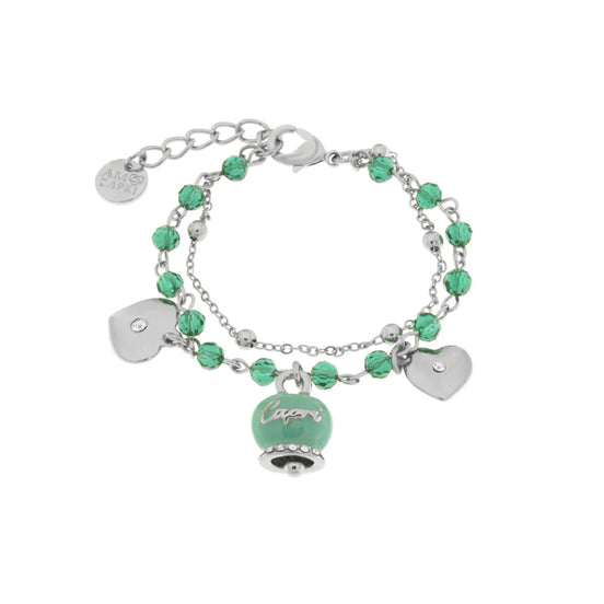 AMO CAPRI - Bracciale in Metallo multifilo con campanella e pietre verdi