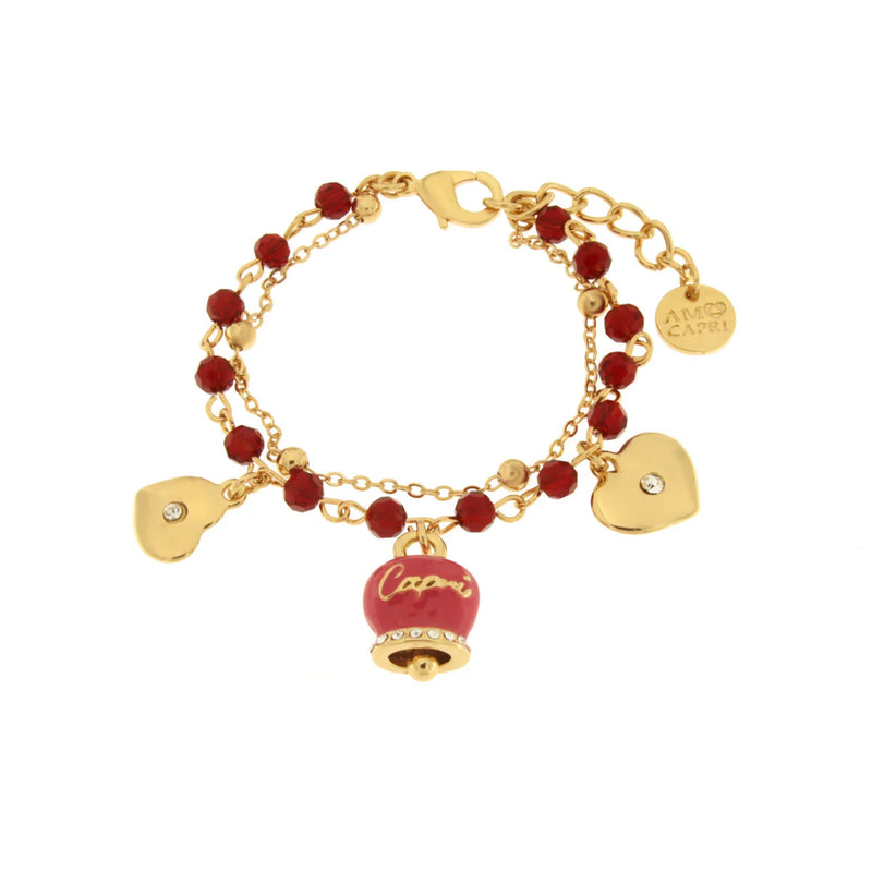Amo Capri - Bracciale in Metallo multifilo con campanella fucsia e pietre rosse