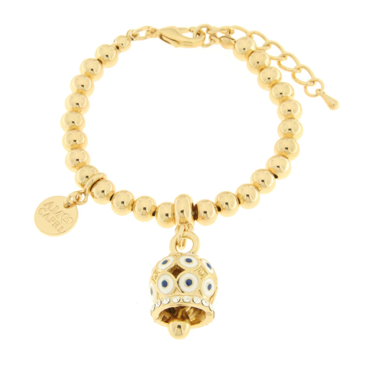 AMO CAPRI - Bracciale in Metallo con campanella a pois bianco e zirconi