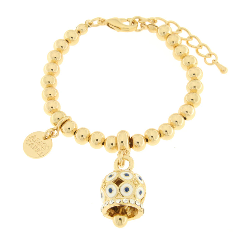 AMO CAPRI - Bracciale in Metallo con campanella a pois bianco e zirconi