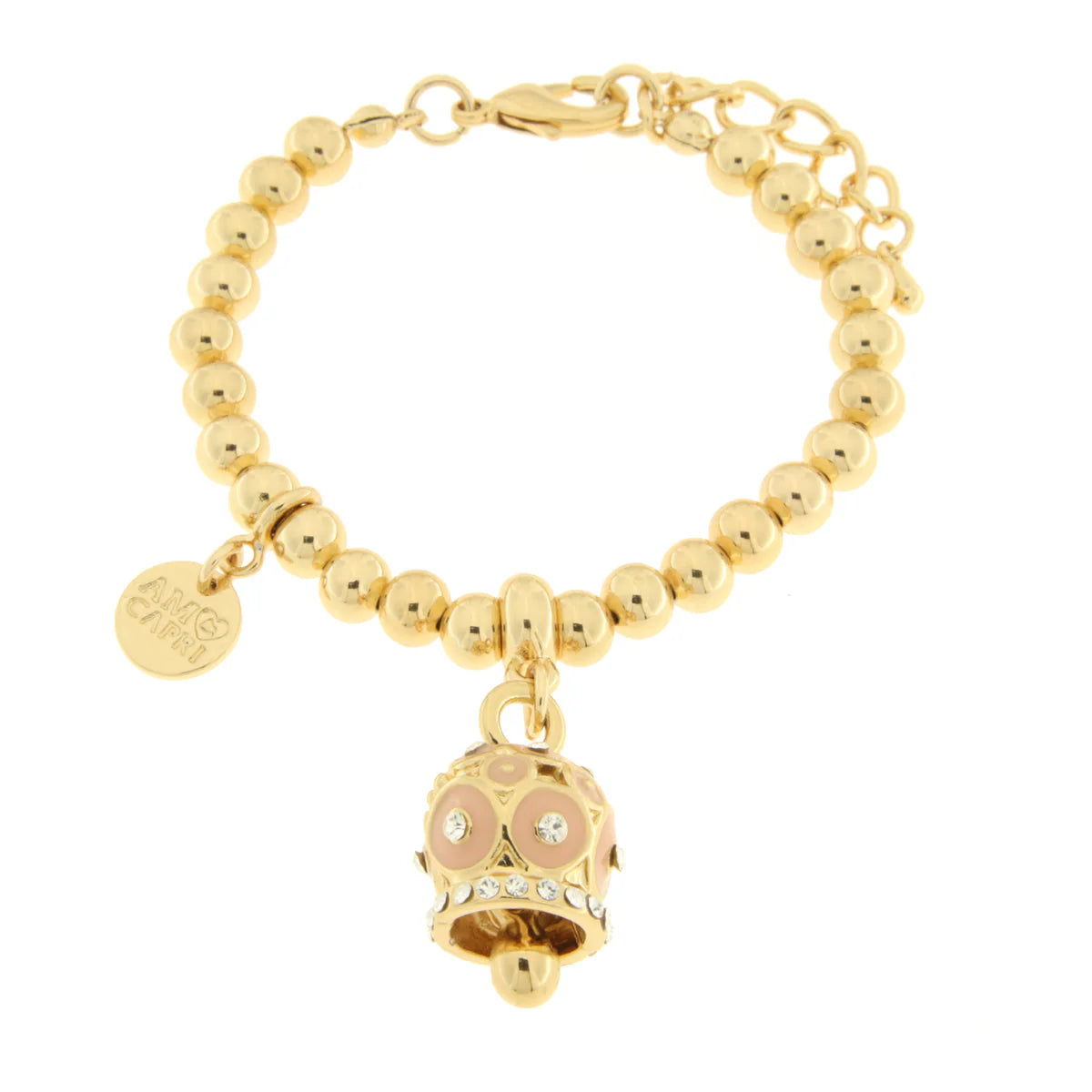 AMO CAPRI - Bracciale in Metallo con campanella a pois rosa e zirconi