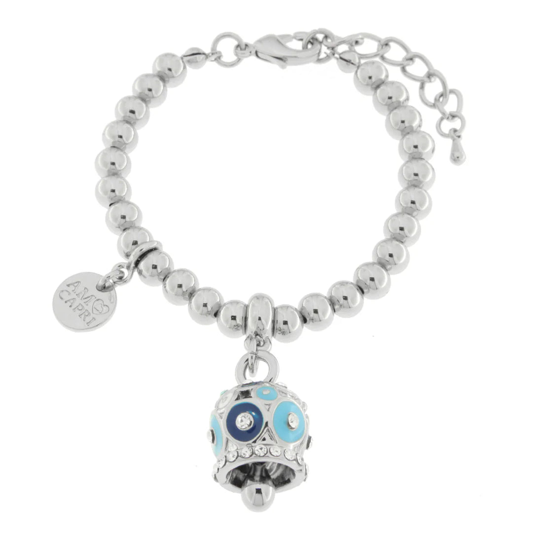 AMO CAPRI - Bracciale in Metallo con campanella a pois blu e azzurro e zirconi