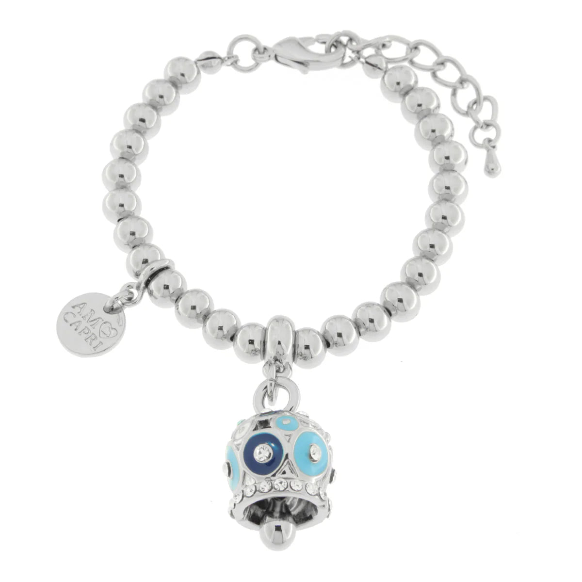 AMO CAPRI - Bracciale in Metallo con campanella a pois blu e azzurro e zirconi