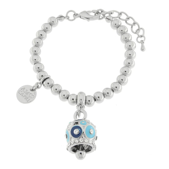 AMO CAPRI - Bracciale in Metallo con campanella a pois blu e azzurro e zirconi