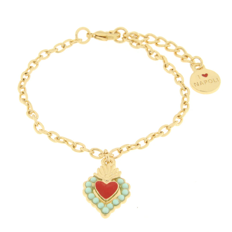 AMO NAPOLI - Bracciale in Metallo con cuore rosso e contorno verde