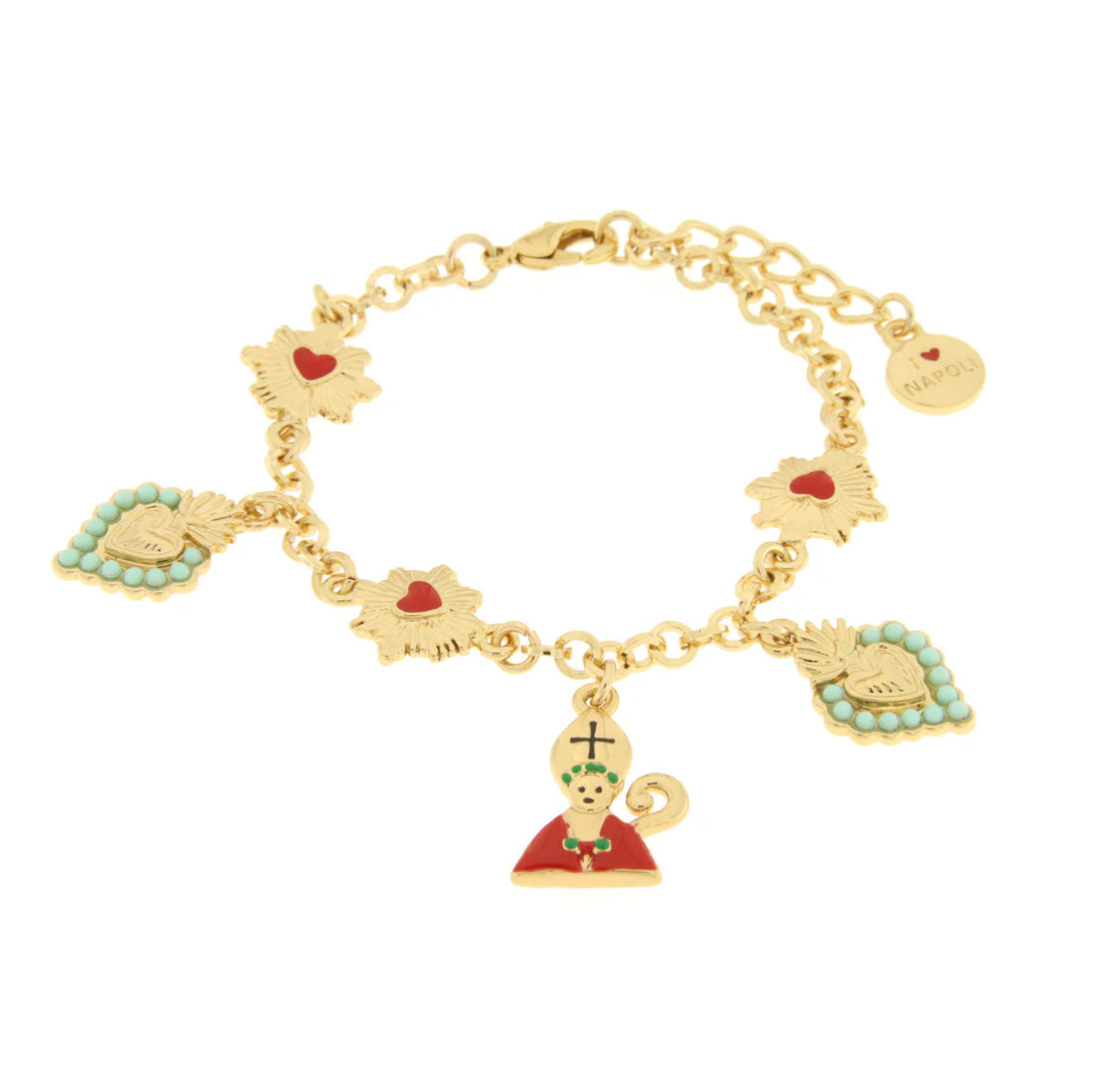AMO NAPOLI - Bracciale in Metallo con San Gennaro cuore verde e cuore sacro placcato oro