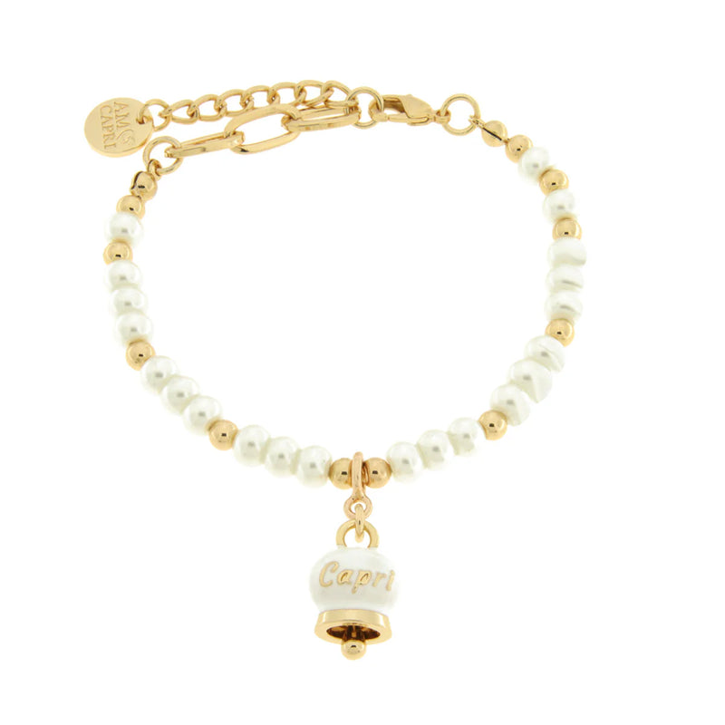 Amo Capri - Bracciale in Metallo con sfere e campanella Capri bianca