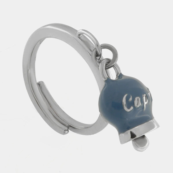 AMO CAPRI - Anello in Acciaio con campanella pendente blu cobalto con scritta Capri