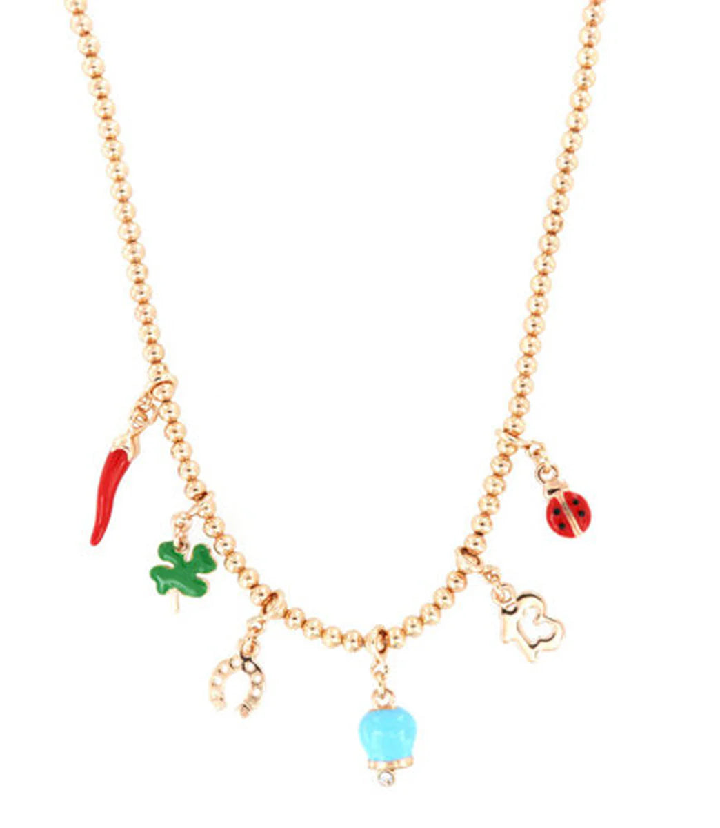 AMO CAPRI - Collana in Metallo con corno napoletano, quadrifoglio, coccinella, campana capri