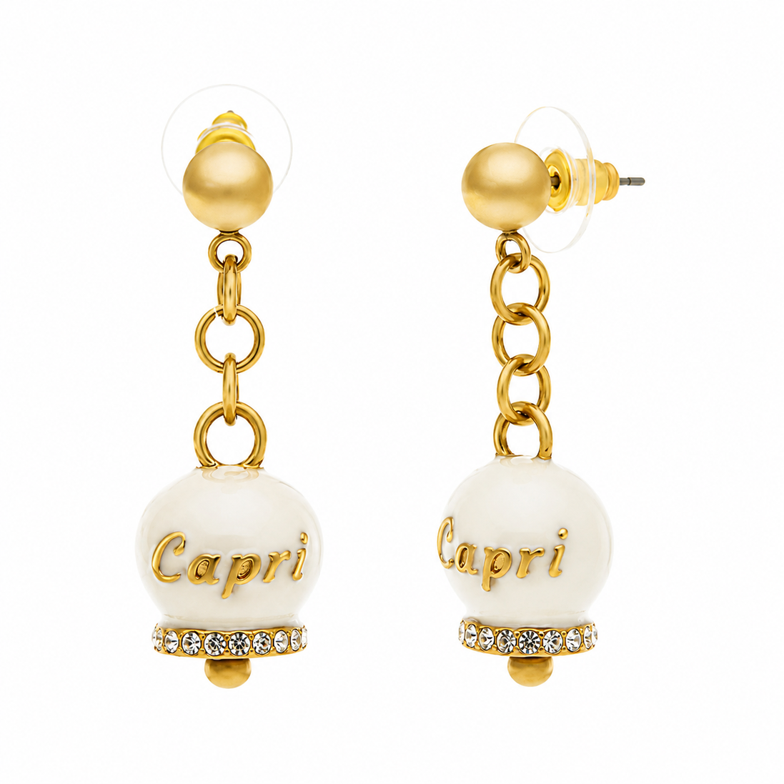 Amo capri - Orecchini in Acciaio con campanella bianca e oro con scritta Capri