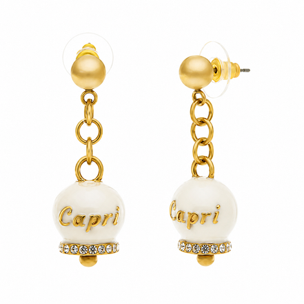 Amo capri - Orecchini in Acciaio con campanella bianca e oro con scritta Capri