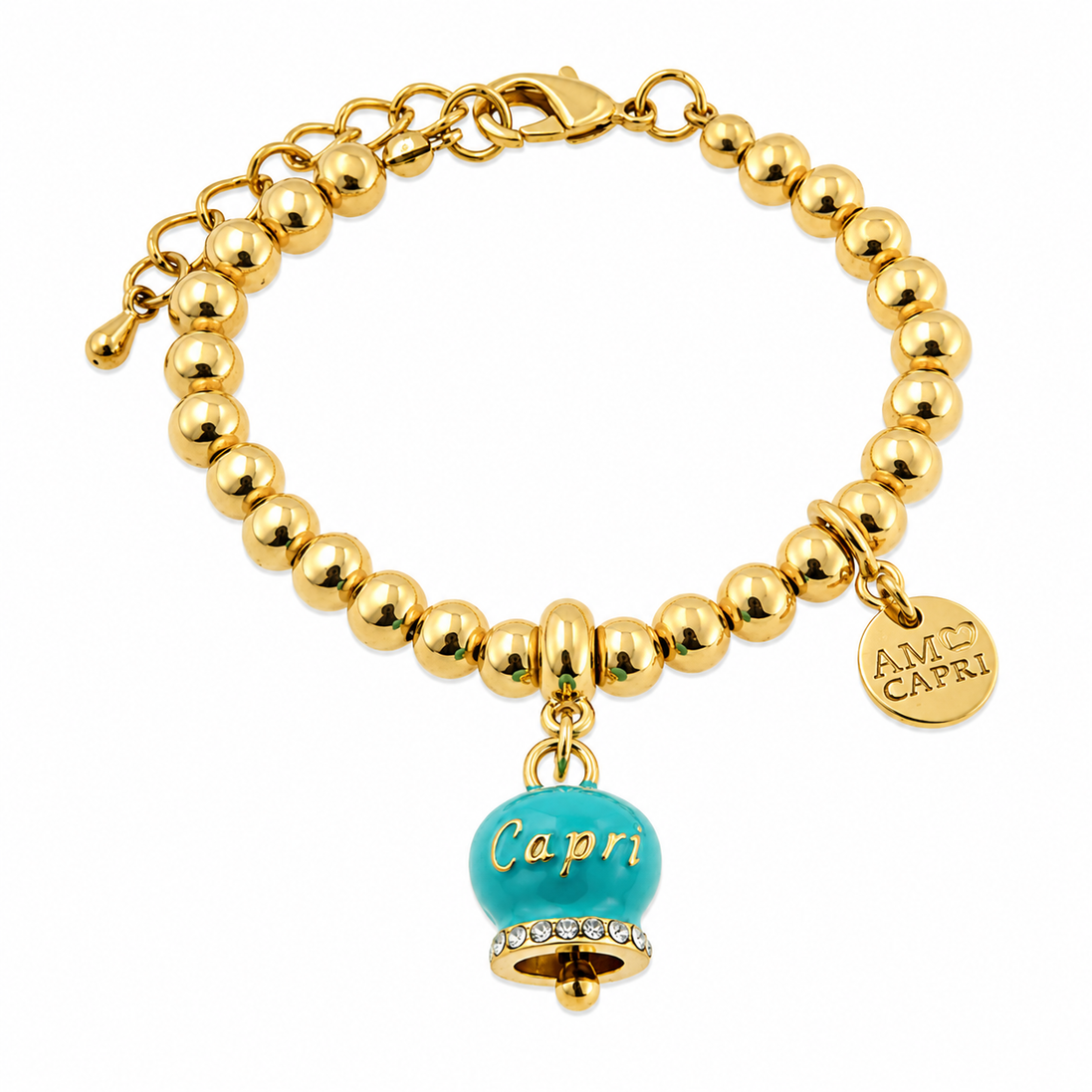 Amo Capri - Bracciale in Metallo con campanella portafortuna blu turchese e cristalli