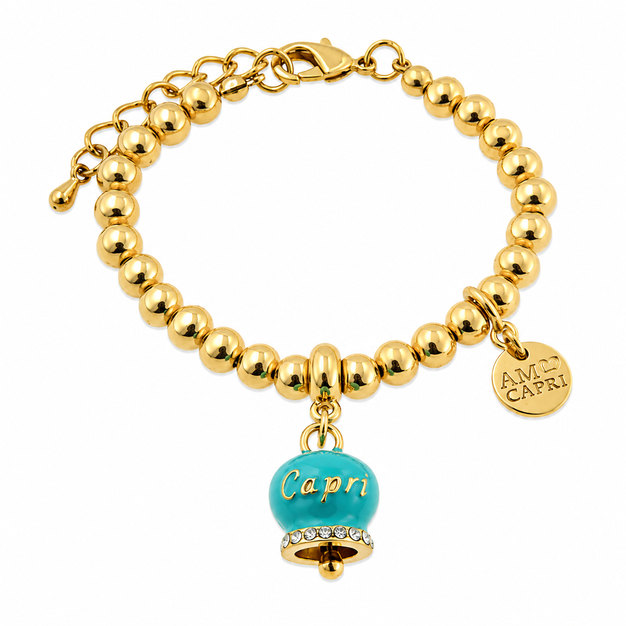 Amo Capri - Bracciale in Metallo con campanella portafortuna blu turchese e cristalli