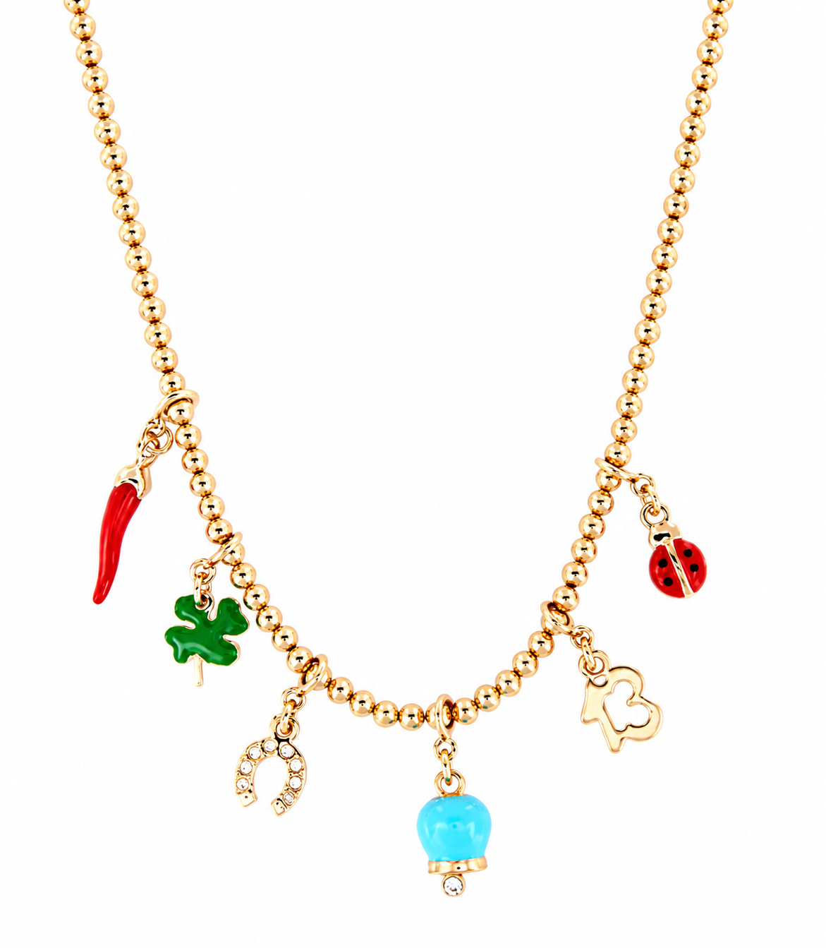 AMO CAPRI - Collana in Metallo con corno napoletano, quadrifoglio, coccinella, campana capri