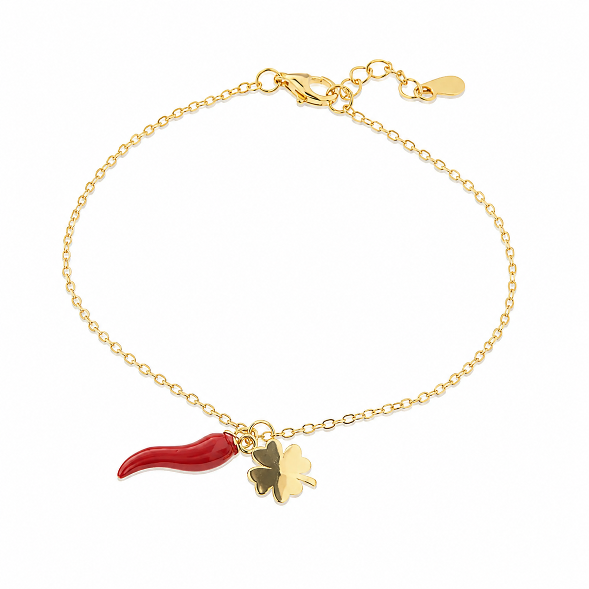 BYSIMON - Bracciale in Argento 925 con cornetto portafortuna impreziosito da smalto rosso e quadrifoglio