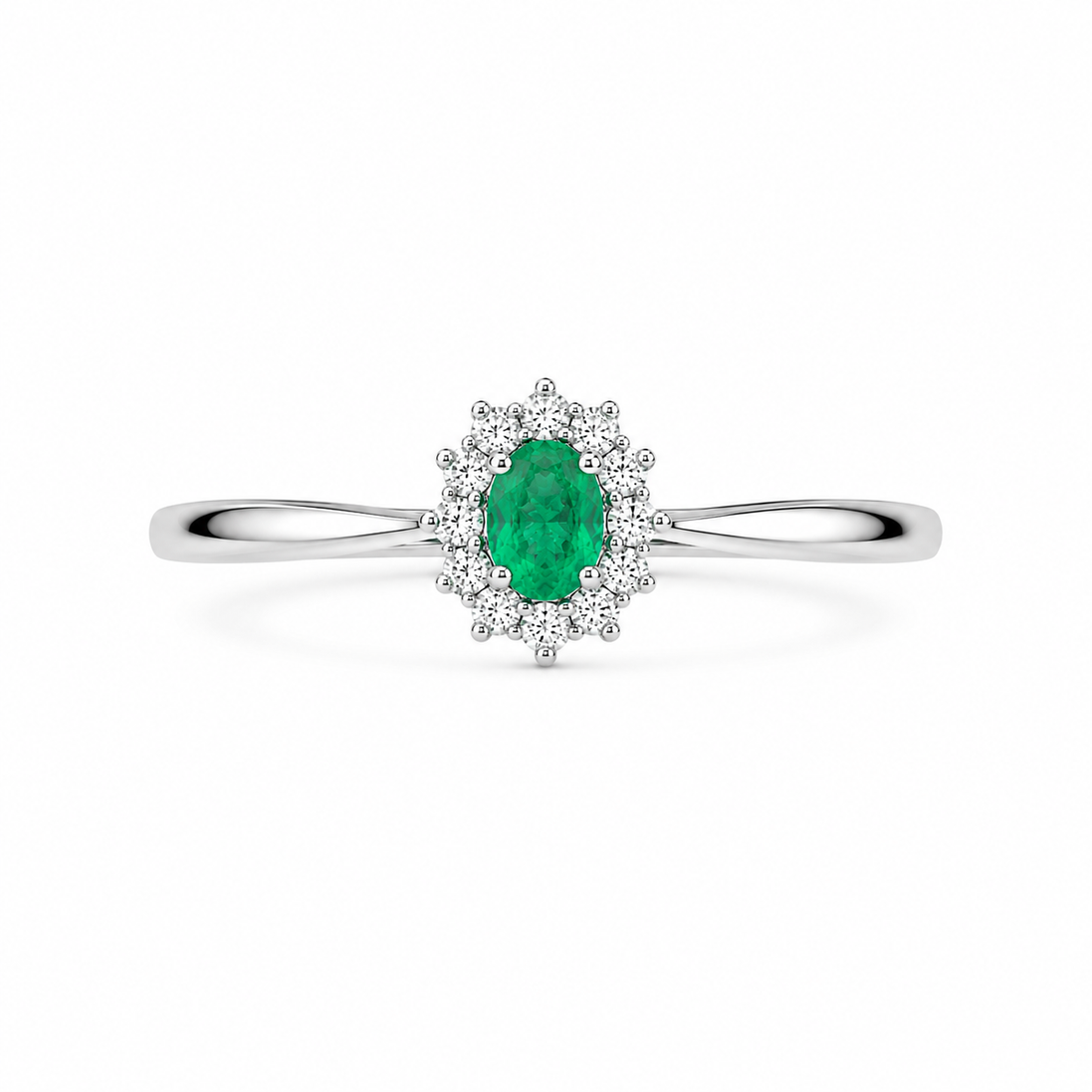 Fico Gioielli - Anello Halo in Oro Bianco 18 KT con Smeraldo Naturale e Diamanti&nbsp;