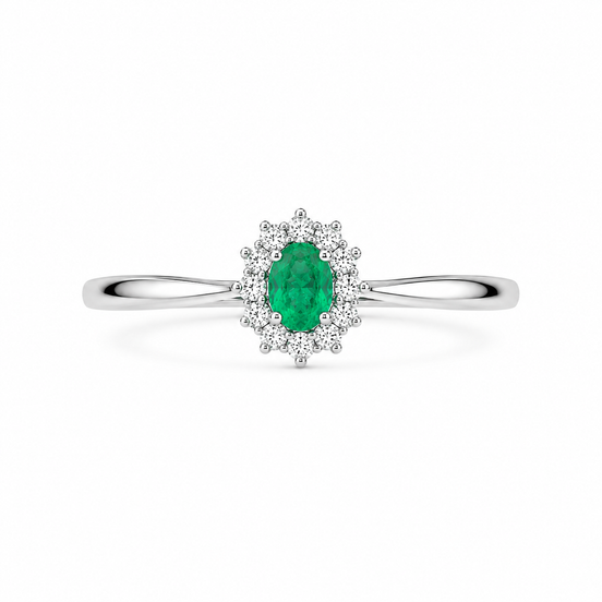 Fico Gioielli - Anello Halo in Oro Bianco 18 KT con Smeraldo Naturale e Diamanti&nbsp;