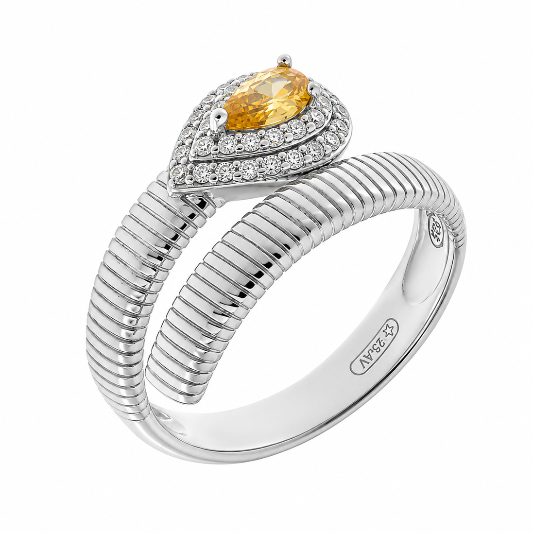 BYSIMON - Anello in Argento 925 a forma di goccia con zircone centrale champagne