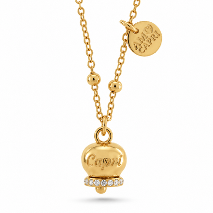 Amo Capri - Collana in Metallo con campanella portafortuna dorata e cristalli