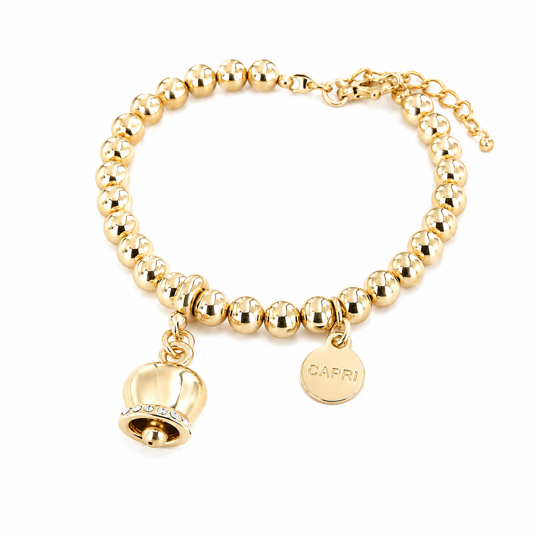 Amo Capri - Bracciale in Metallo maglia a sfere, con campanella portafortuna pendente, impreziosita da cristalli