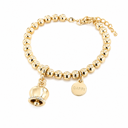 Amo Capri - Bracciale in Metallo maglia a sfere, con campanella portafortuna pendente, impreziosita da cristalli