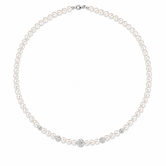 Kioto - Collana Donna Con Perle E Sfere Zirconate Con Oro Bianco 18 Kt