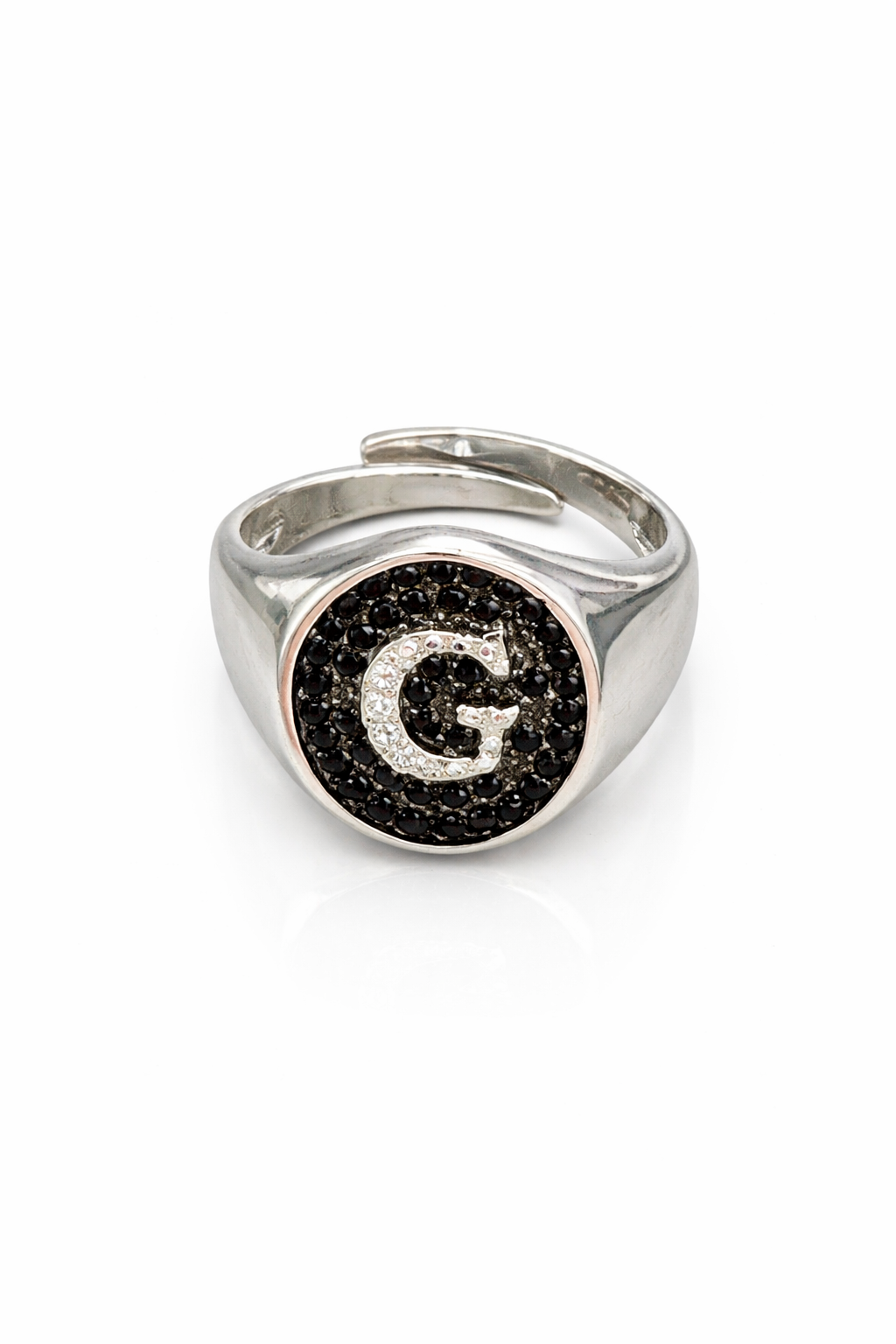 fico gioielli - Anello Sigillo Iniziale “G” con Pietre Nere