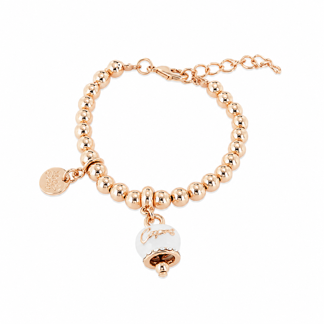 amo capri - Bracciale in Metallo maglia a sfere, con campanella scritta capri pendente impreziosita da cristalli e smalto bianco