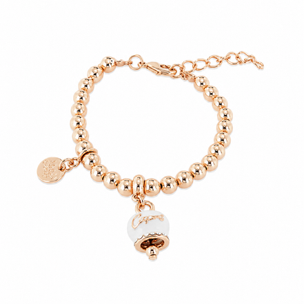 amo capri - Bracciale in Metallo maglia a sfere, con campanella scritta capri pendente impreziosita da cristalli e smalto bianco