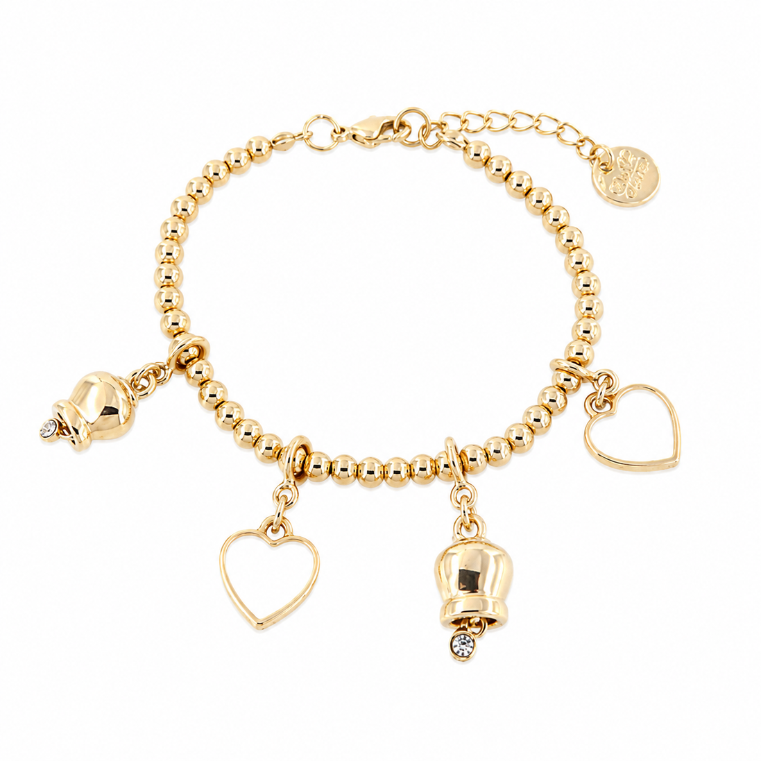 AMO CAPRI - Bracciale in Metallo multi ciondoli a forma di campanella e cuori in smalto bianco