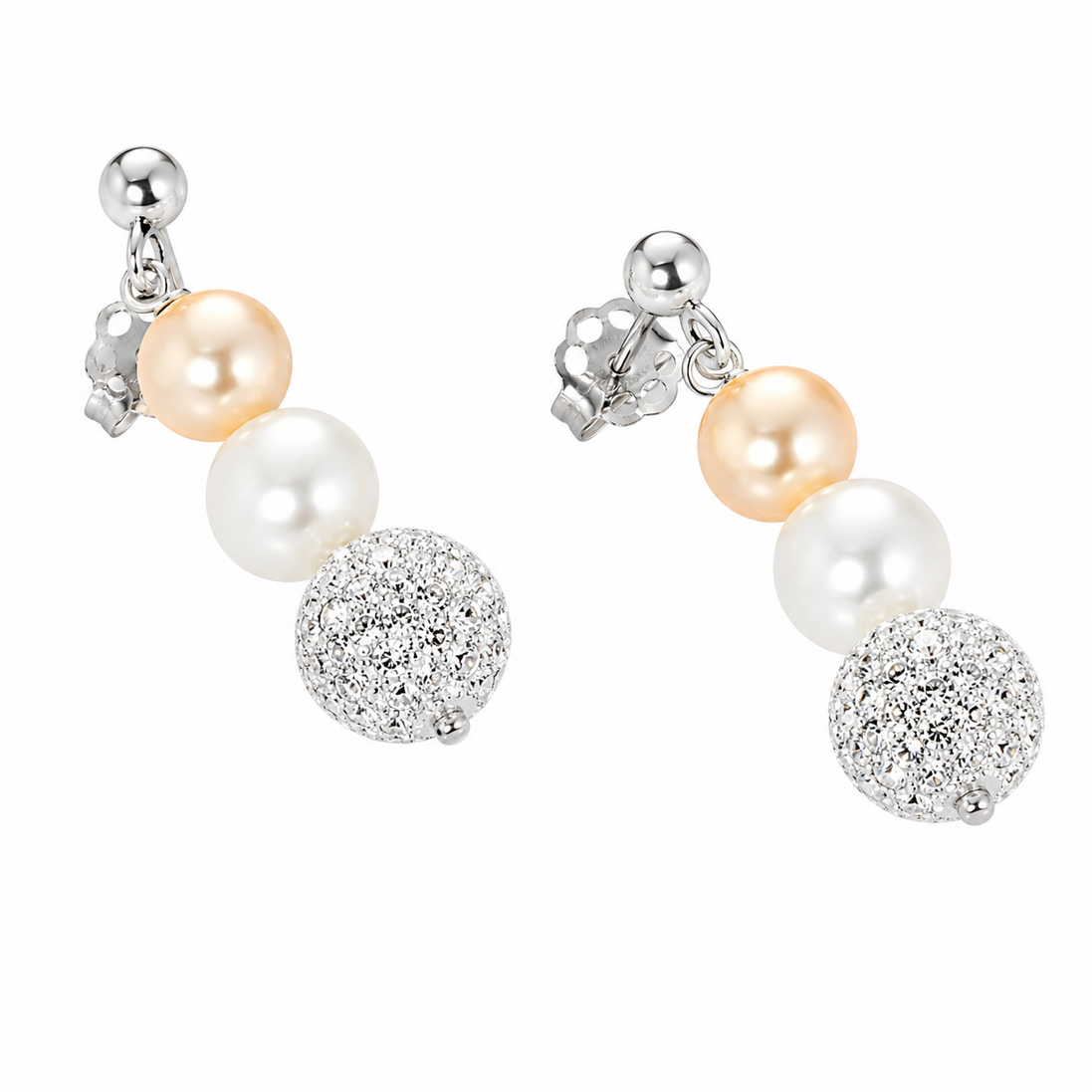 Kioto - Orecchini Donna  Con Perle E Sfere Zirconate In Oro Bianco 18 Kt