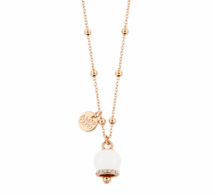 Amo Capri - Collana in Metallo con campanella portafortuna pendente, impreziosita da smalto bianco e cristalli