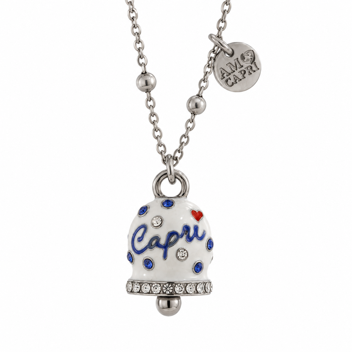 Amo Capri - Collana in Acciaio campanella Capri bianca con pois blu