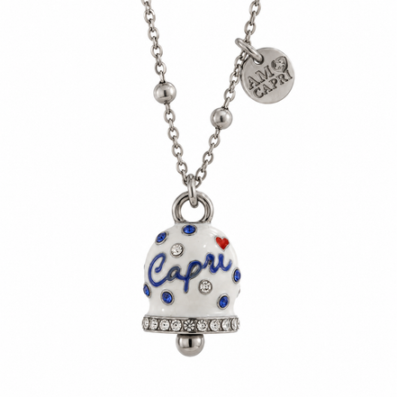 Amo Capri - Collana in Acciaio campanella Capri bianca con pois blu